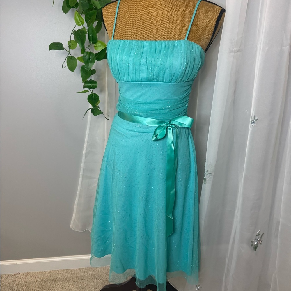Jodi Kristopher Sparkling Seafoam Midi Dress with Satin Waist Tie